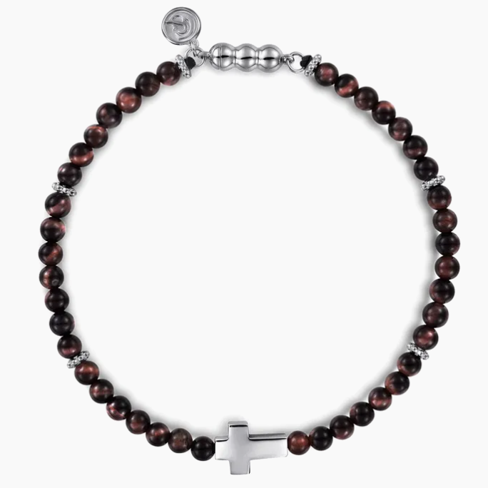925 Sterling Silver Cross Bracelet with 4mm Tiger Eye Beads | Gabriel & Co. Silver | Luby 