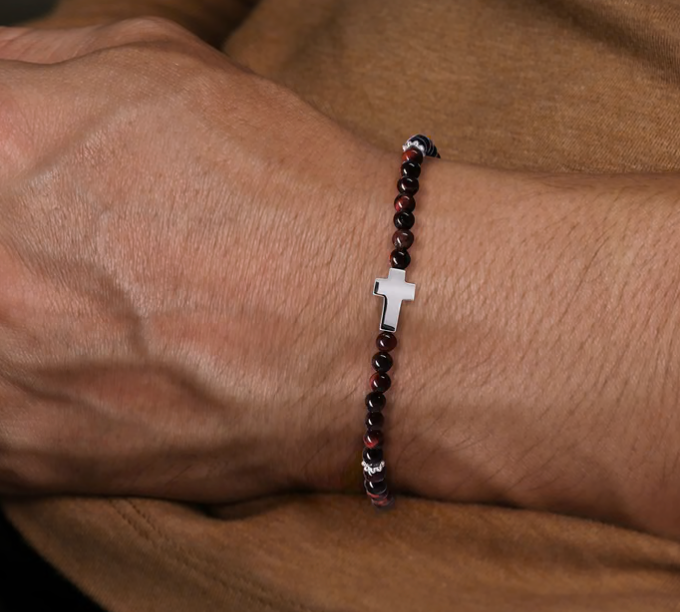 925 Sterling Silver Cross Bracelet with 4mm Tiger Eye Beads | Gabriel & Co. Silver | Luby 