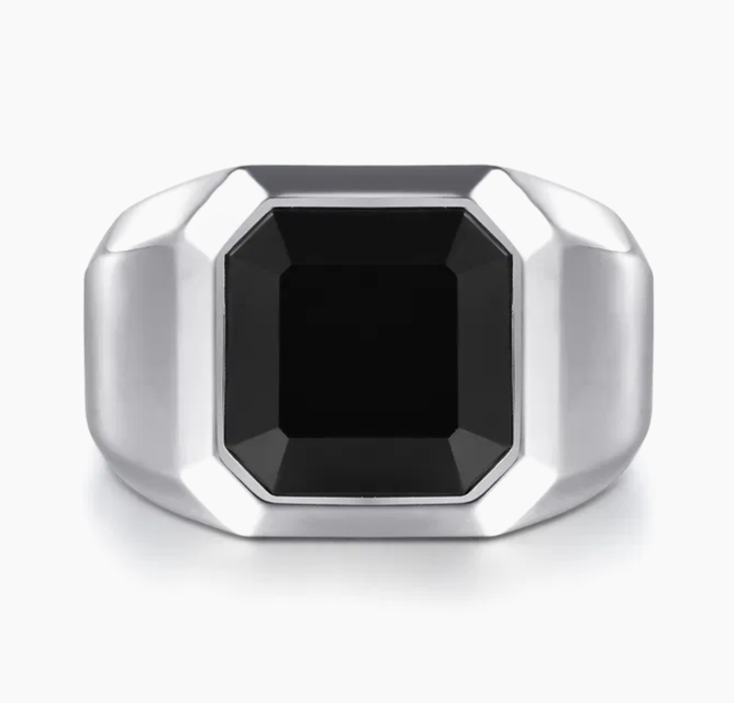 Wide 925 Sterling Silver Signet Ring with Faceted Onyx Stone in High Polish Finish | Gabriel & Co. Silver | Luby 