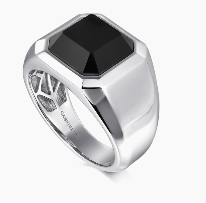 Wide 925 Sterling Silver Signet Ring with Faceted Onyx Stone in High Polish Finish