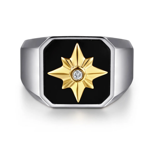 925 Sterling Silver and 14K Yellow Gold Startburst Mens Signet Ring | Gabriel & Co. Men's | Luby 