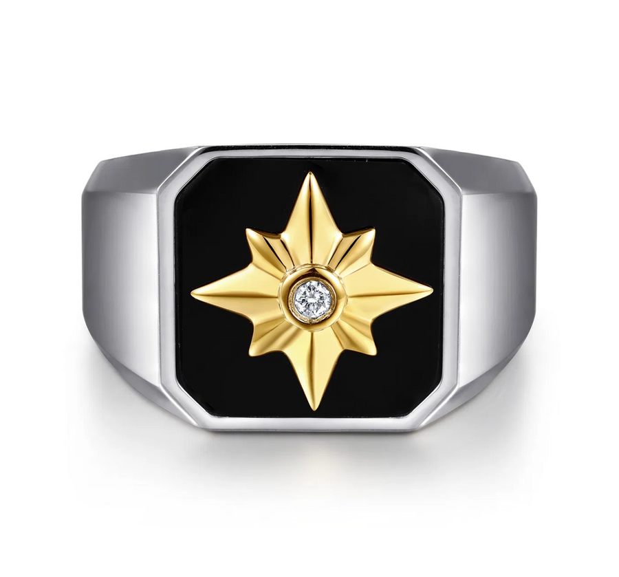 925 Sterling Silver and 14K Yellow Gold Startburst Mens Signet Ring