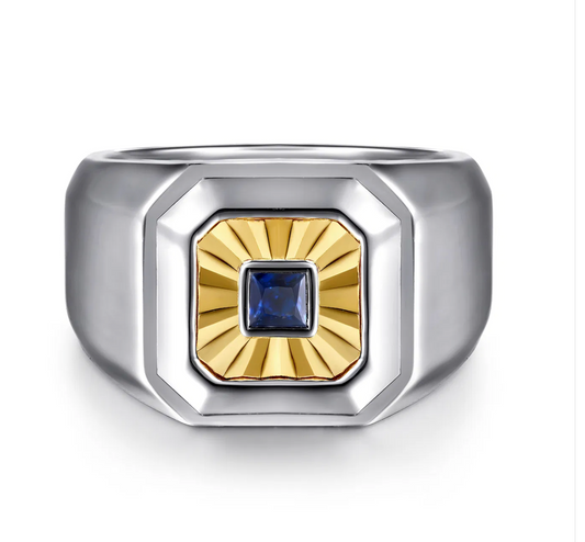 925 Sterling Silver and 14K Yellow Gold Sapphire Signet Ring | Gabriel & Co. Men's | Luby 