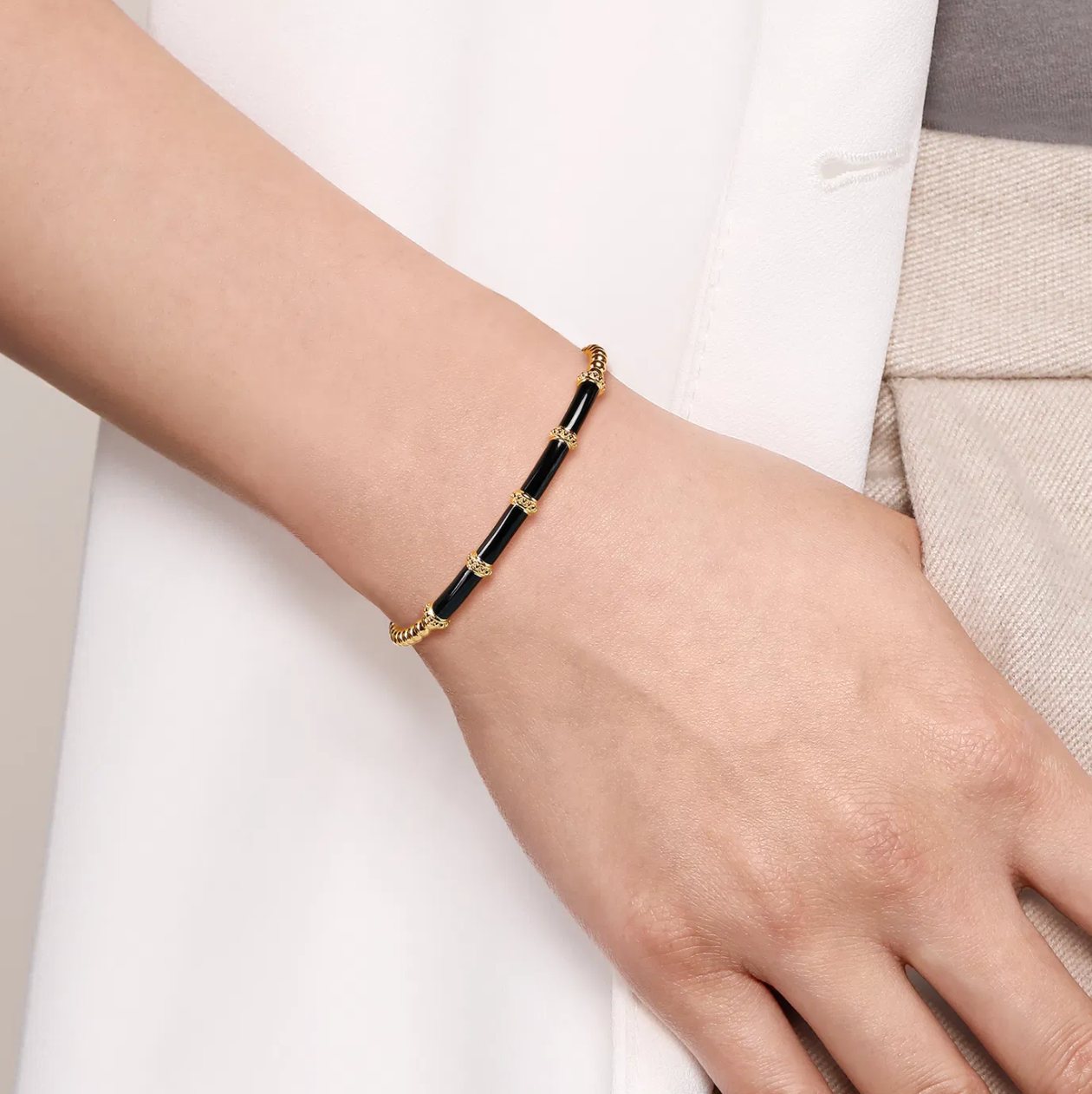 Enamel - 14K Yellow Gold Bujukan and Bar Split Bangle with Black Enamel | Gabriel & Co. | Luby 