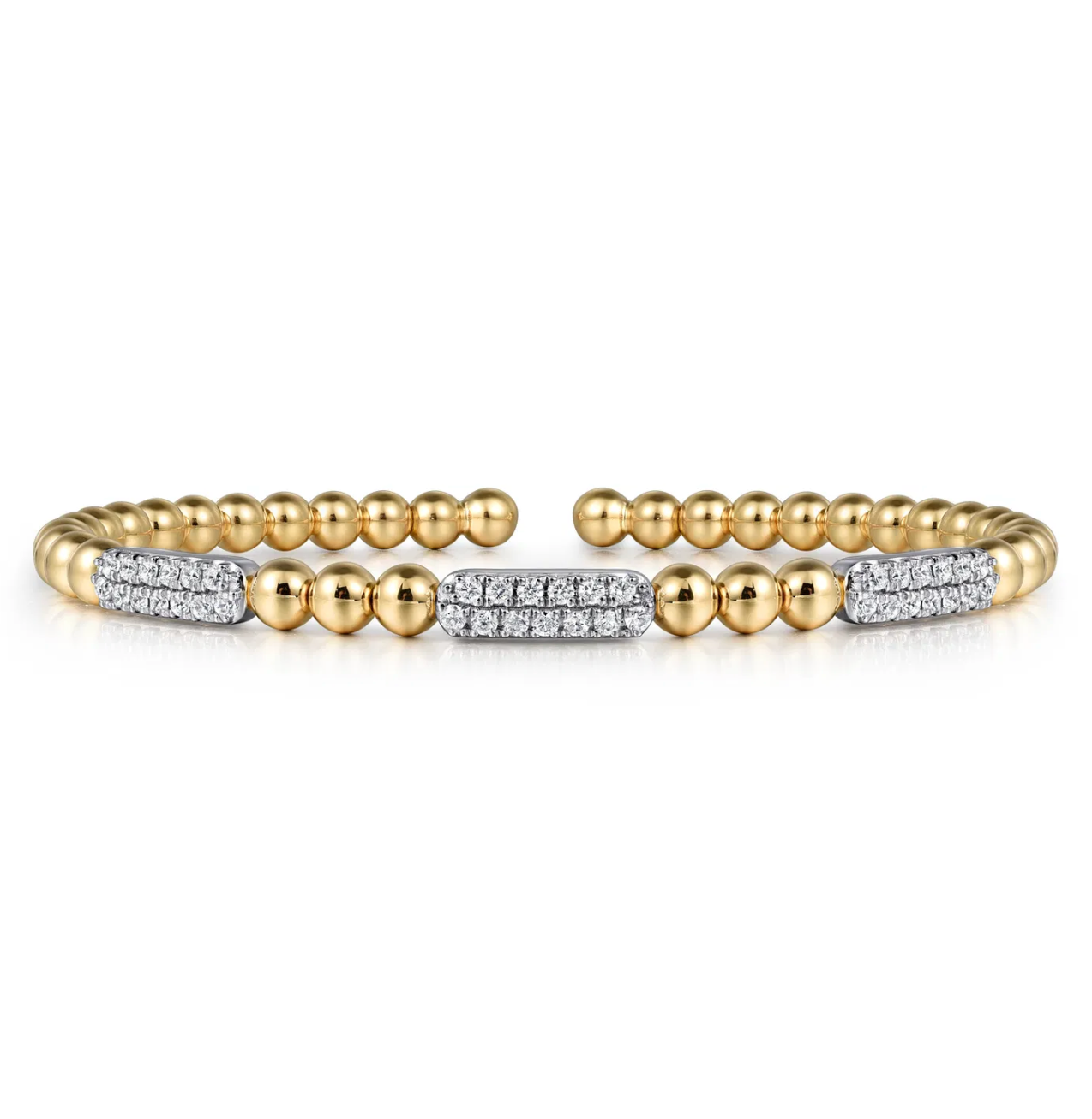 14K White and Yellow Gold Diamond Pave Three Station Bar Bujukan Beads Split Bangle Bracelet