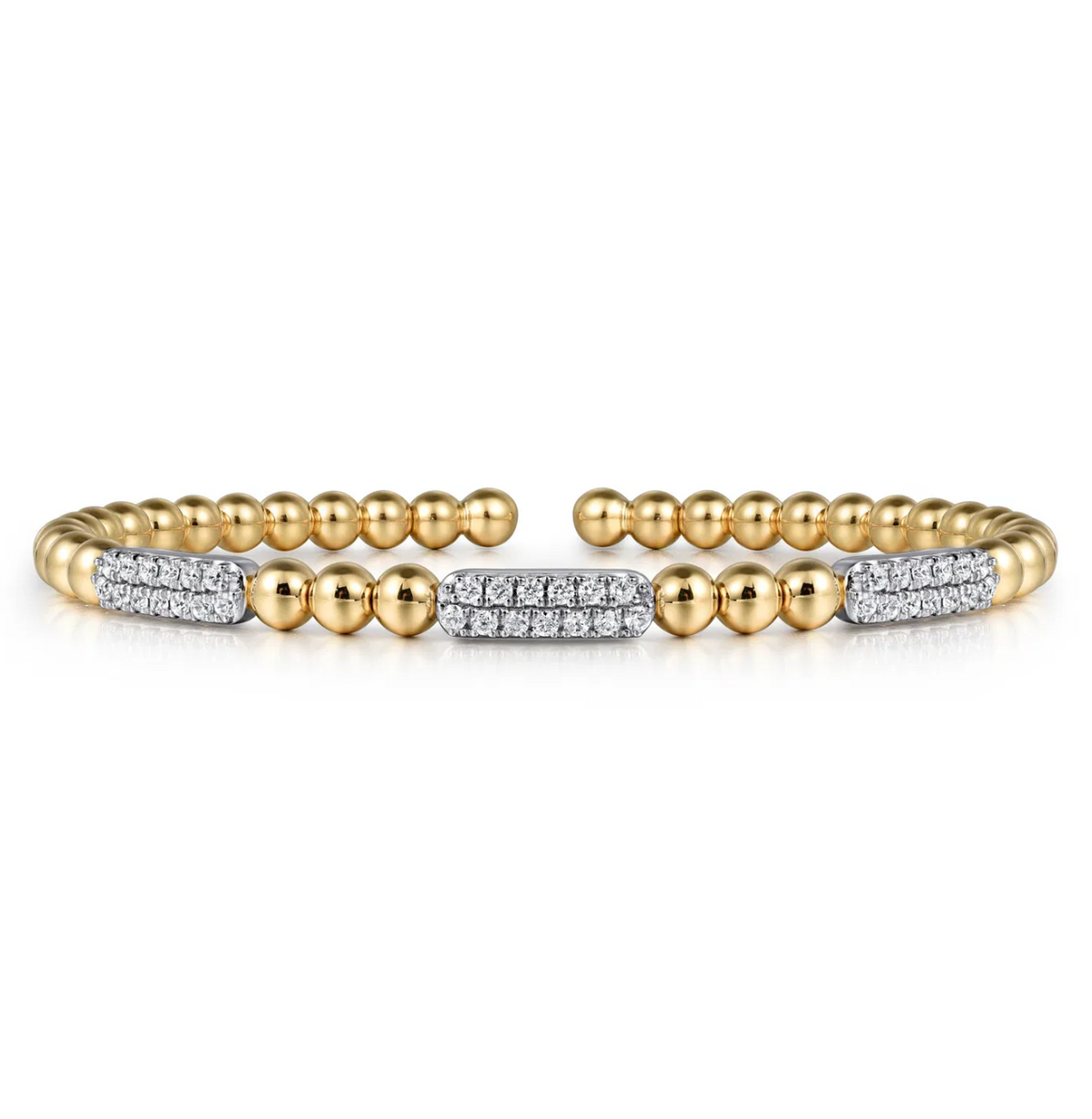 14K White and Yellow Gold Diamond Pave Three Station Bar Bujukan Beads Split Bangle Bracelet | Gabriel & Co. | Luby 