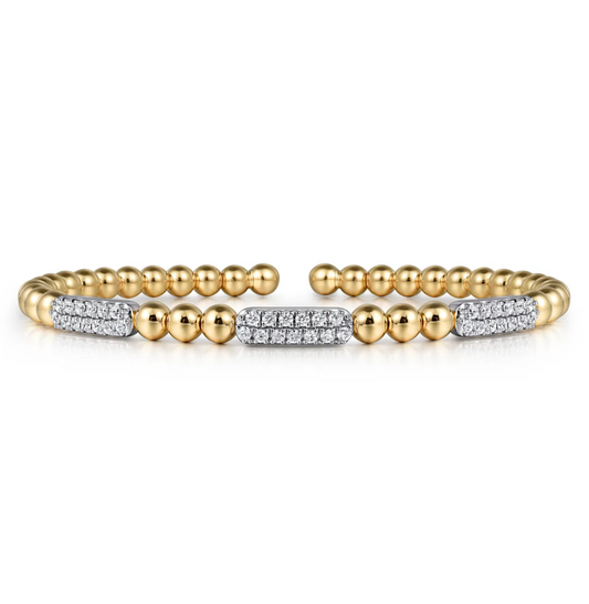 14K White and Yellow Gold Diamond Pave Three Station Bar Bujukan Beads Split Bangle Bracelet