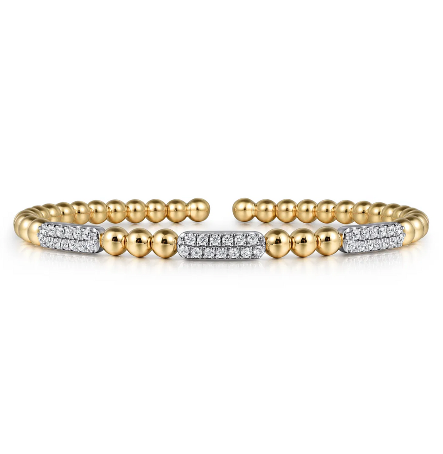 14K White and Yellow Gold Diamond Pave Three Station Bar Bujukan Beads Split Bangle Bracelet