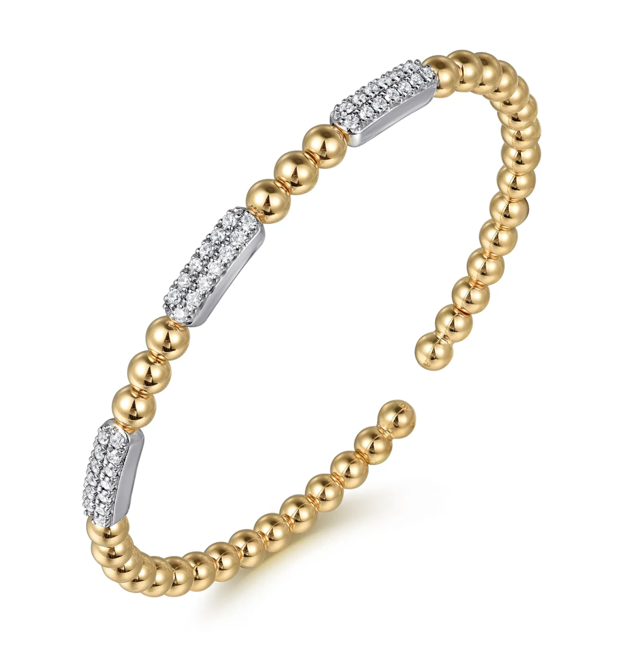 14K White and Yellow Gold Diamond Pave Three Station Bar Bujukan Beads Split Bangle Bracelet