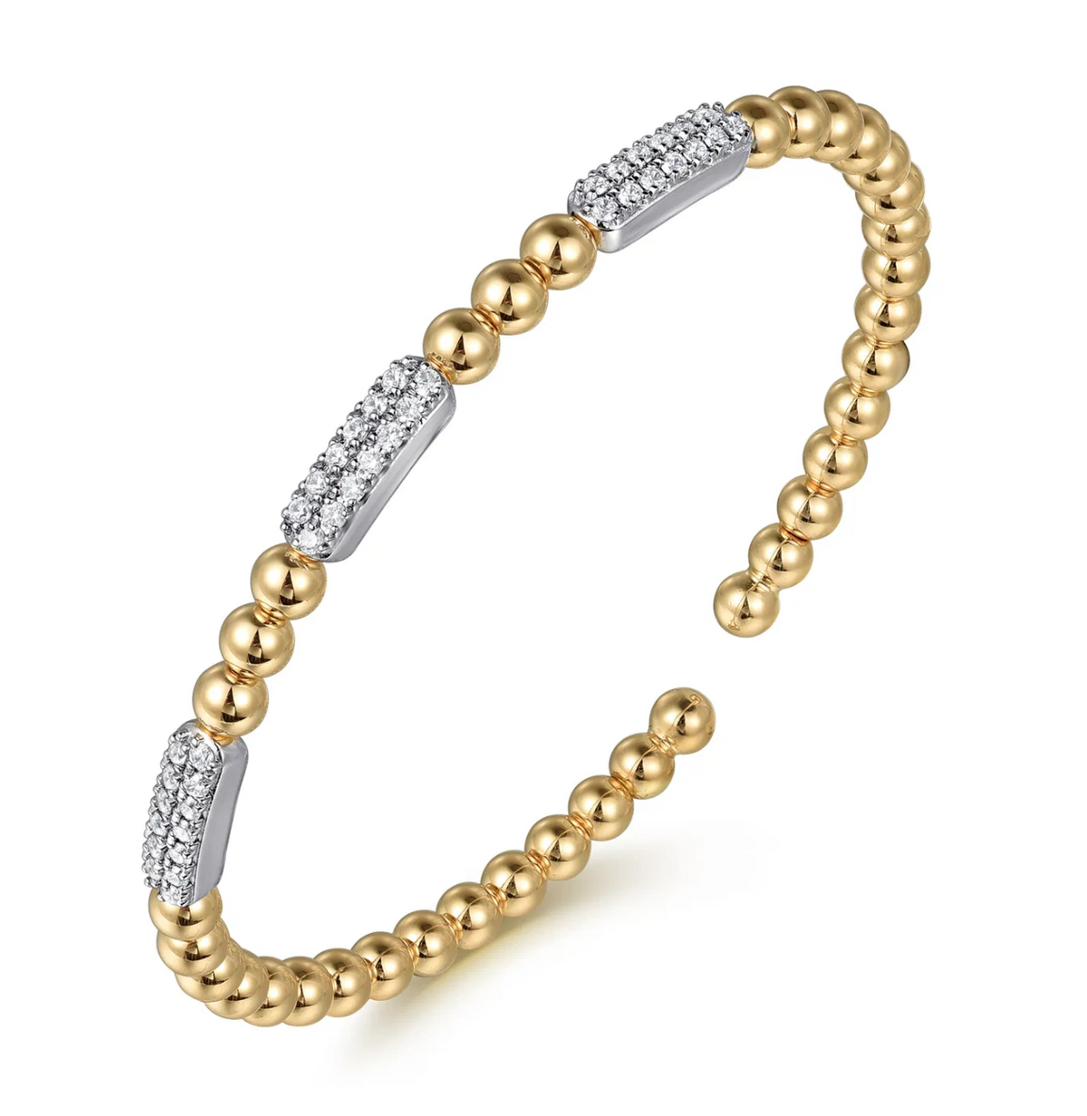 14K White and Yellow Gold Diamond Pave Three Station Bar Bujukan Beads Split Bangle Bracelet | Gabriel & Co. | Luby 
