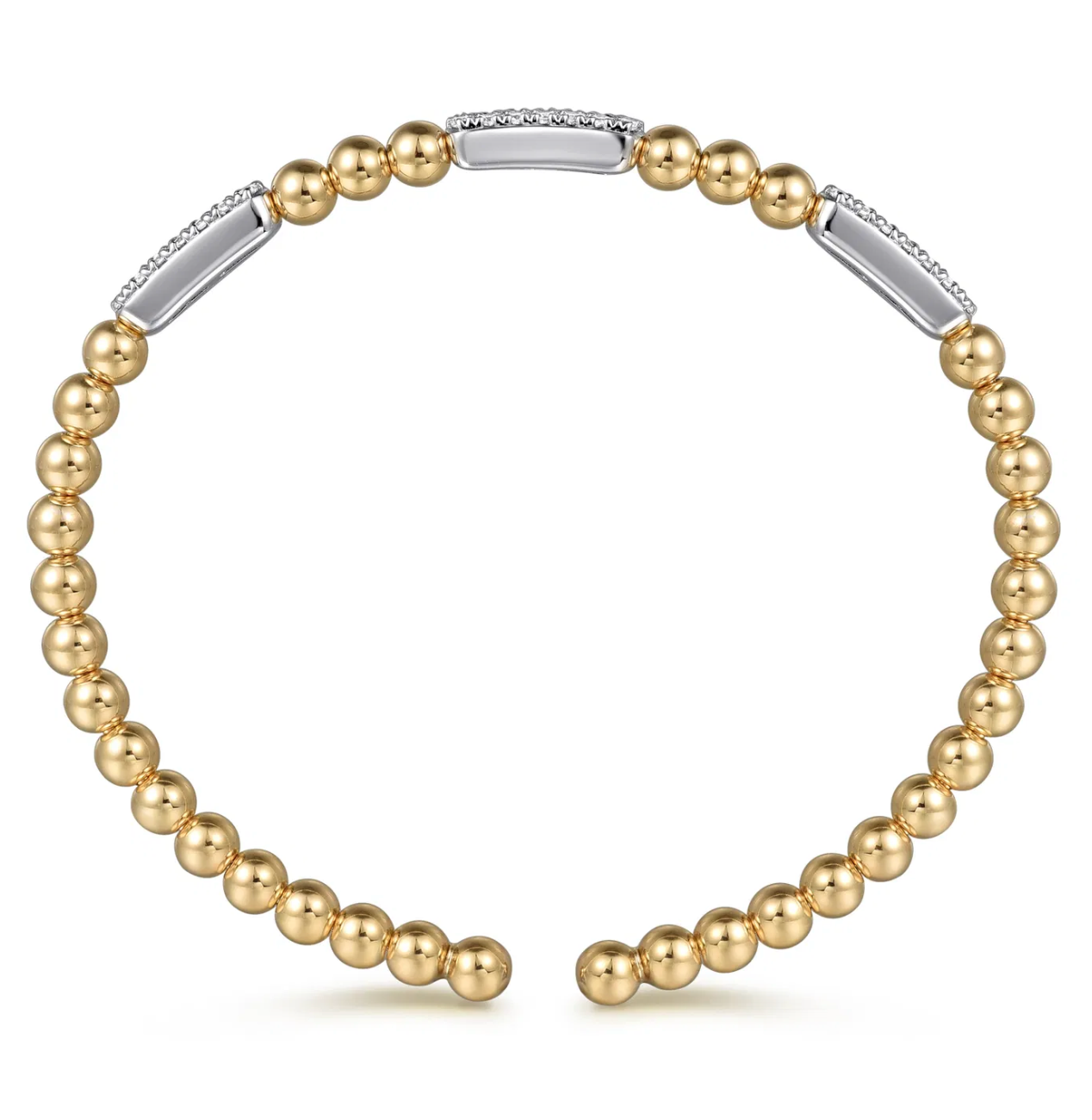 14K White and Yellow Gold Diamond Pave Three Station Bar Bujukan Beads Split Bangle Bracelet