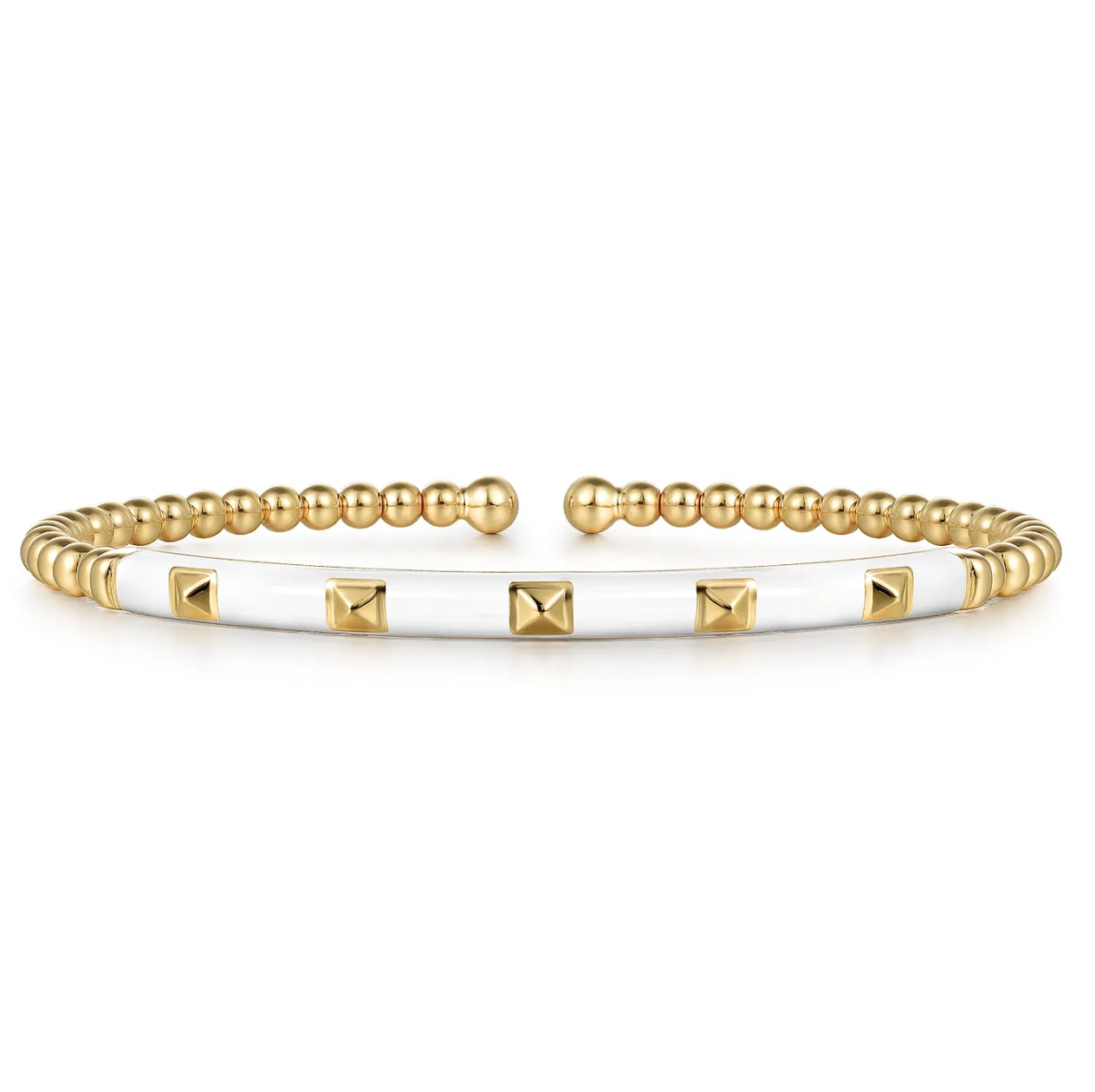 Enamel - 14K Yellow Gold Bujukan Beads and Pyramid Split Bangle with White Enamel