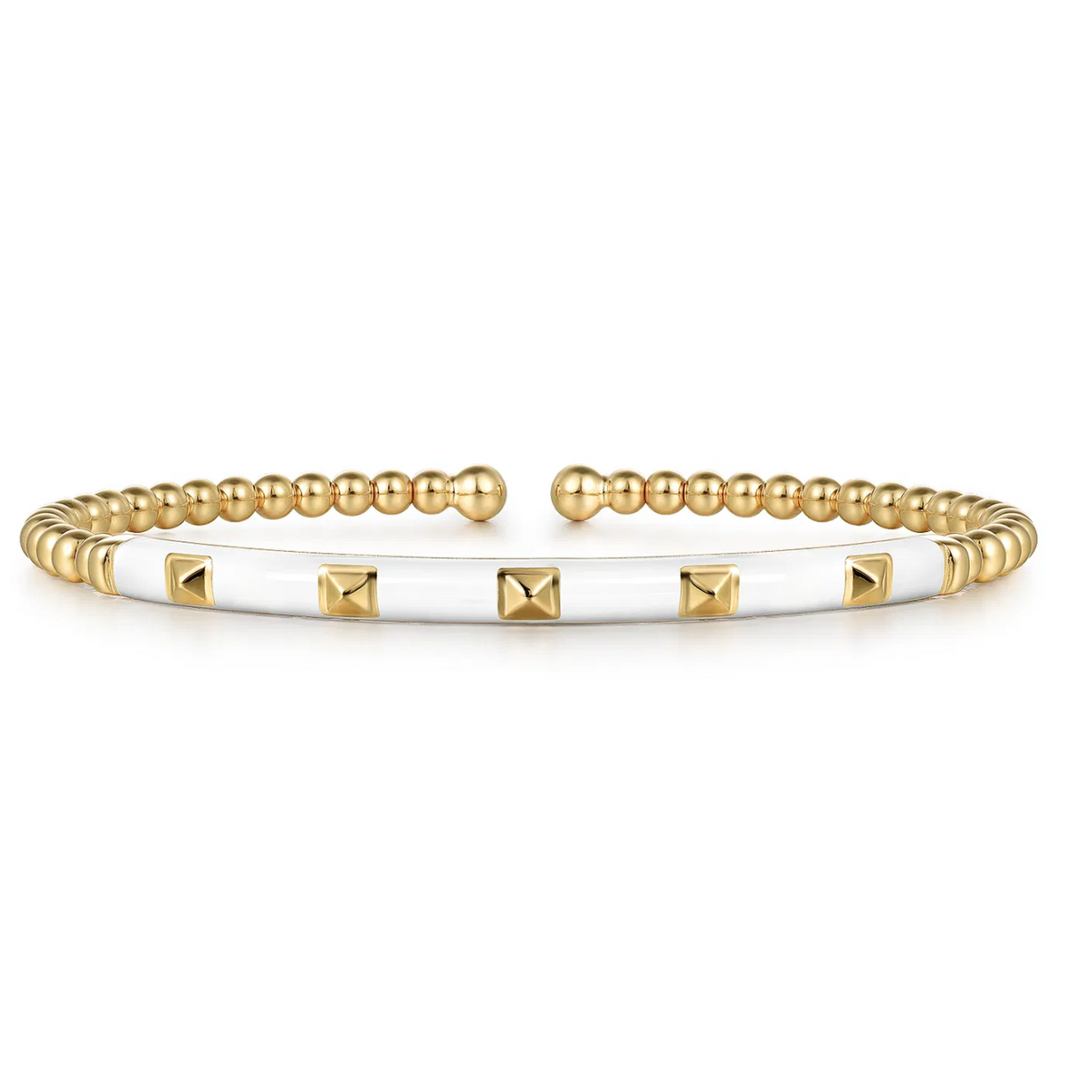 Enamel - 14K Yellow Gold Bujukan Beads and Pyramid Split Bangle with White Enamel | Gabriel & Co. | Luby 