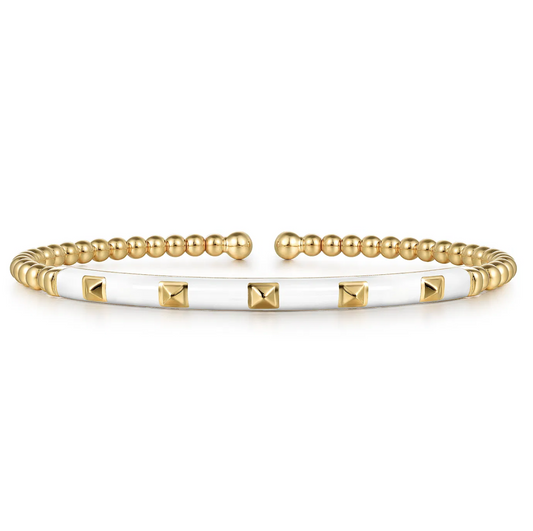 Enamel - 14K Yellow Gold Bujukan Beads and Pyramid Split Bangle with White Enamel