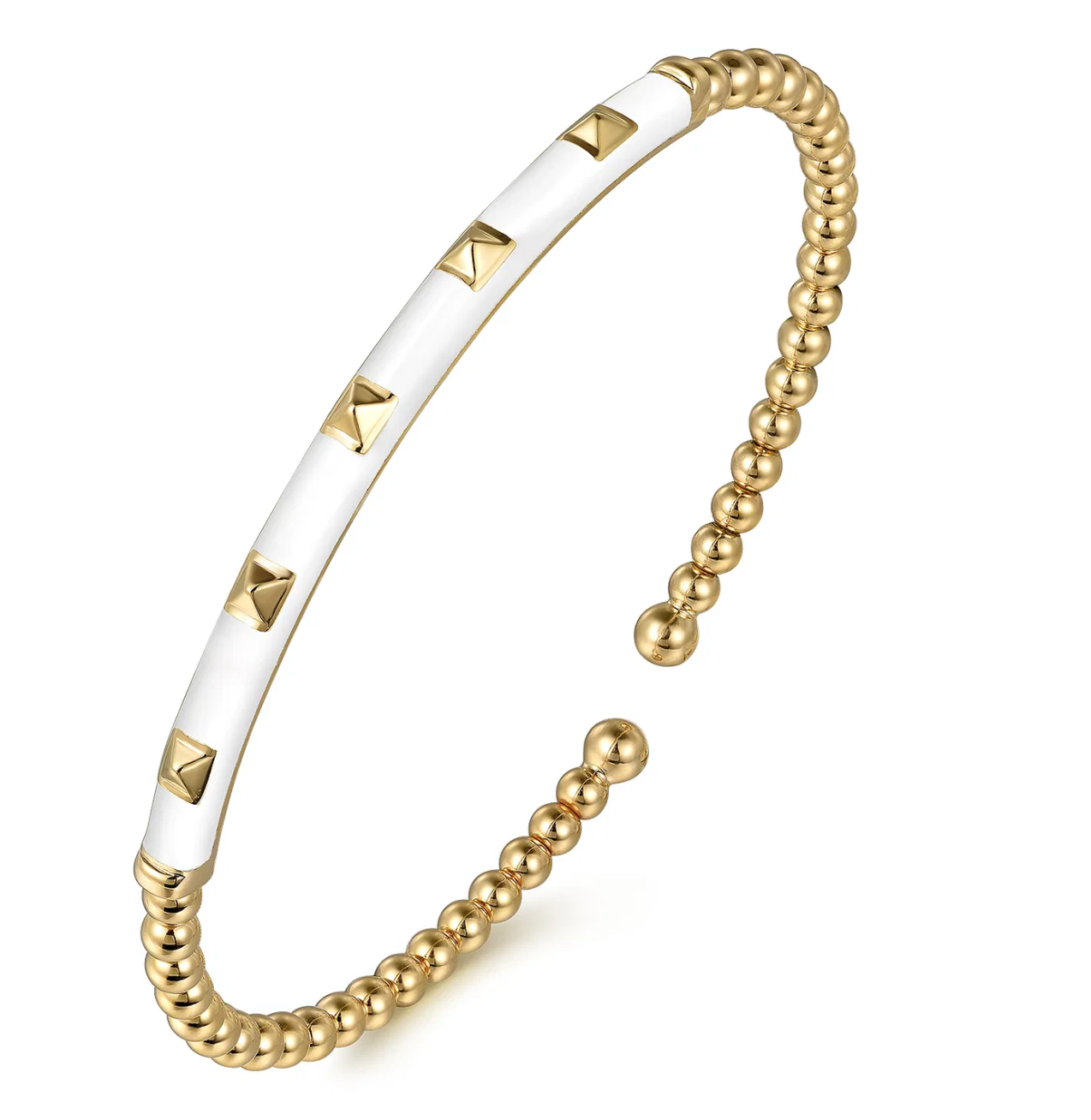 Enamel - 14K Yellow Gold Bujukan Beads and Pyramid Split Bangle with White Enamel