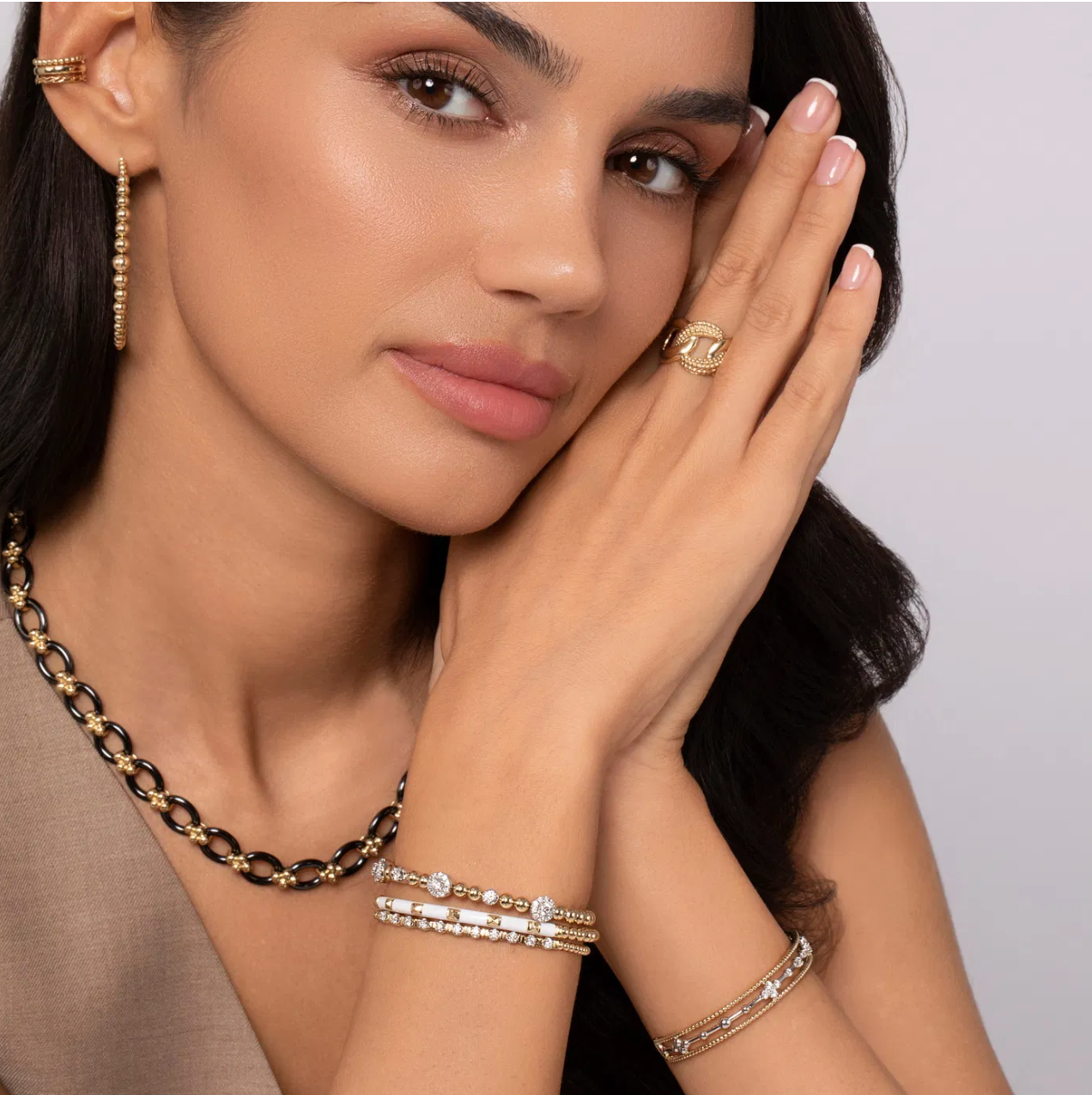 Enamel - 14K Yellow Gold Bujukan Beads and Pyramid Split Bangle with White Enamel