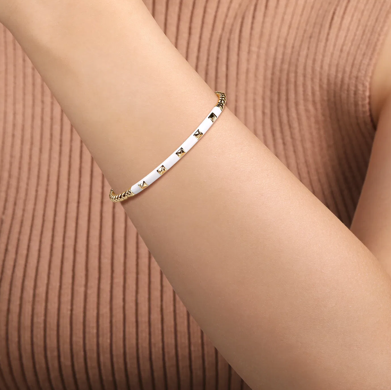 Enamel - 14K Yellow Gold Bujukan Beads and Pyramid Split Bangle with White Enamel