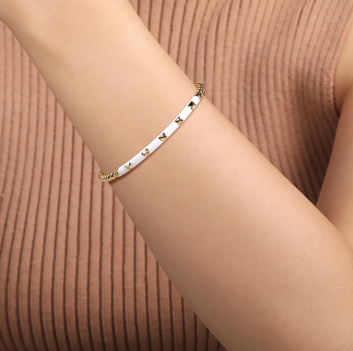 Enamel - 14K Yellow Gold Bujukan Beads and Pyramid Split Bangle with White Enamel | Gabriel & Co. | Luby 