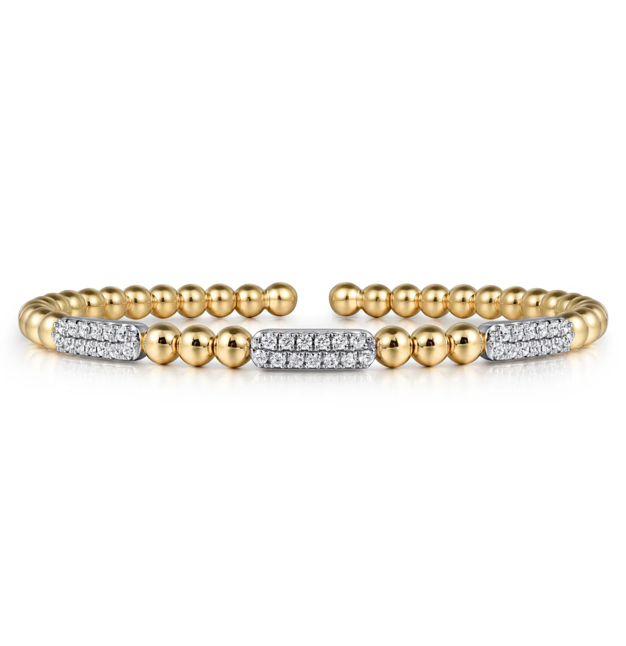 14K White and Yellow Gold Diamond Pave Three Station Bar Bujukan Beads Split Bangle Bracelet