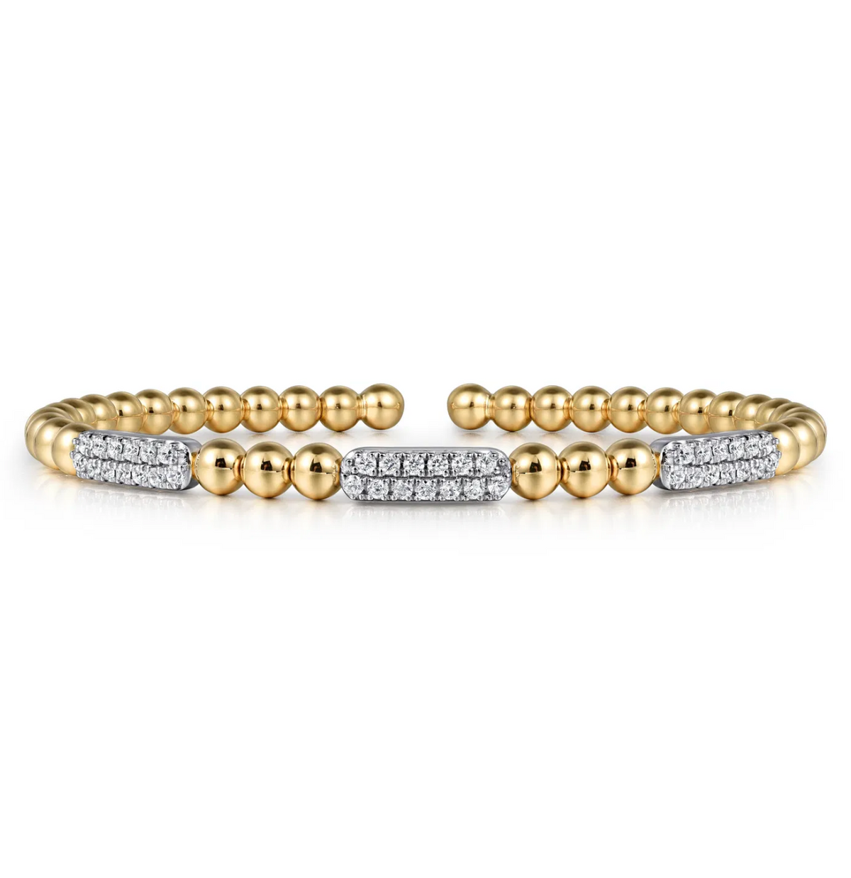 14K White and Yellow Gold Diamond Pave Three Station Bar Bujukan Beads Split Bangle Bracelet | Gabriel & Co. | Luby 