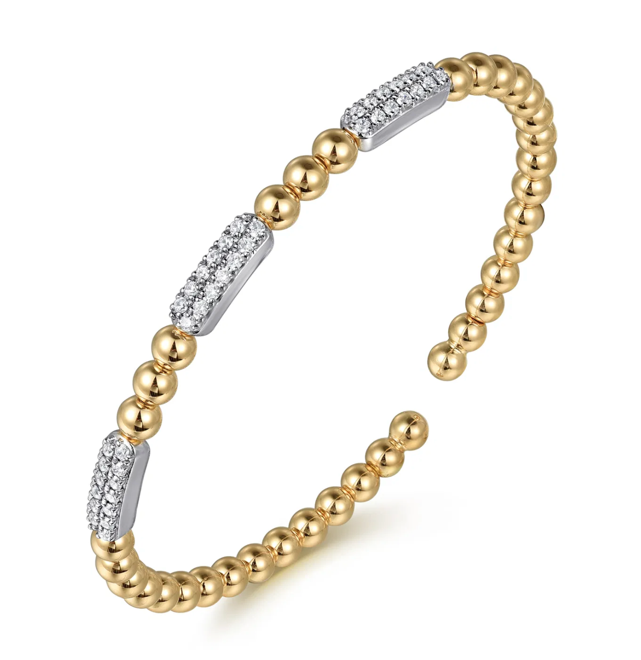 14K White and Yellow Gold Diamond Pave Three Station Bar Bujukan Beads Split Bangle Bracelet
