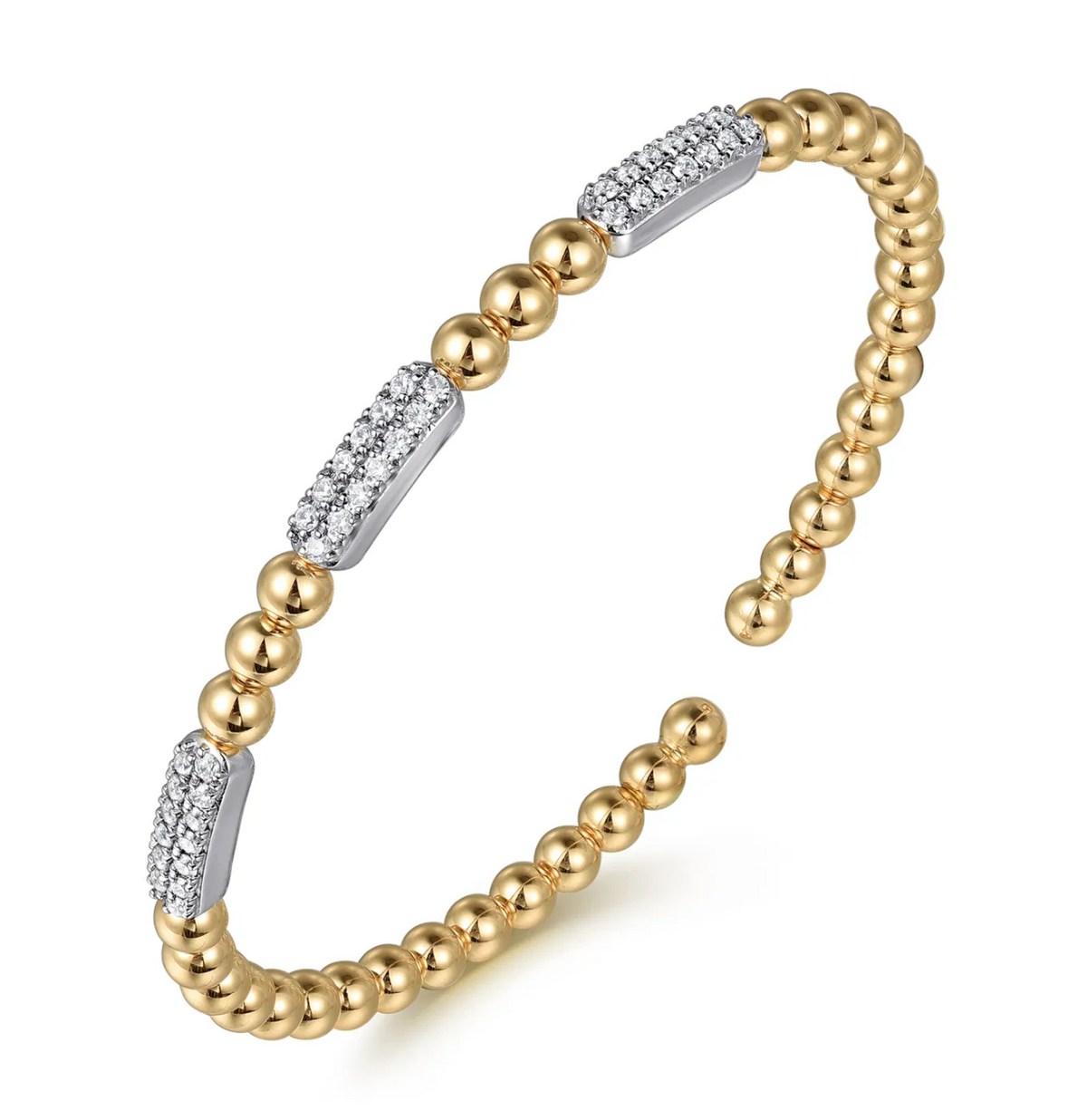14K White and Yellow Gold Diamond Pave Three Station Bar Bujukan Beads Split Bangle Bracelet | Gabriel & Co. | Luby 