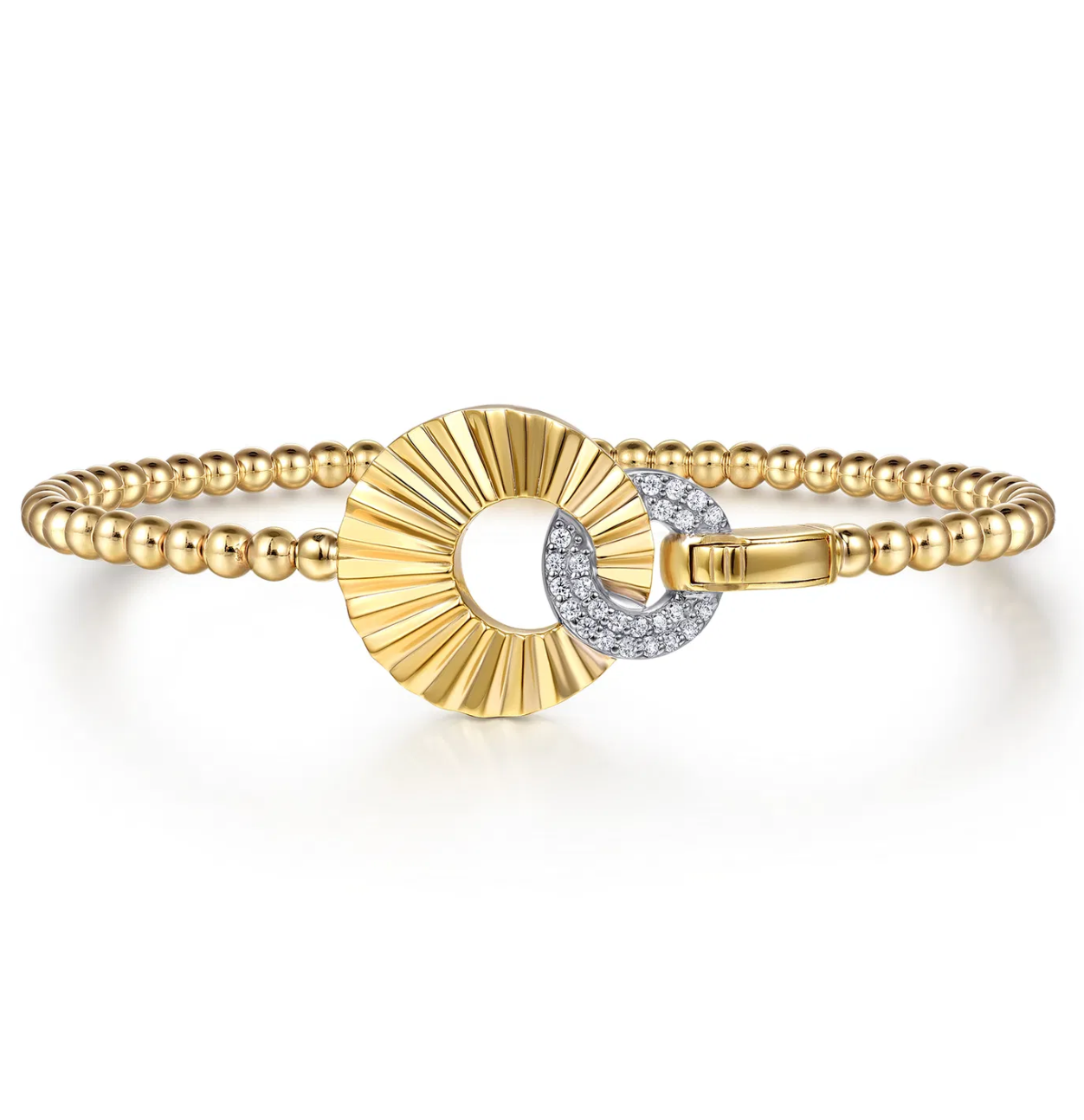 14K White Yellow Gold Diamond and Diamond Cut Double Round Disk Bangle Bracelet