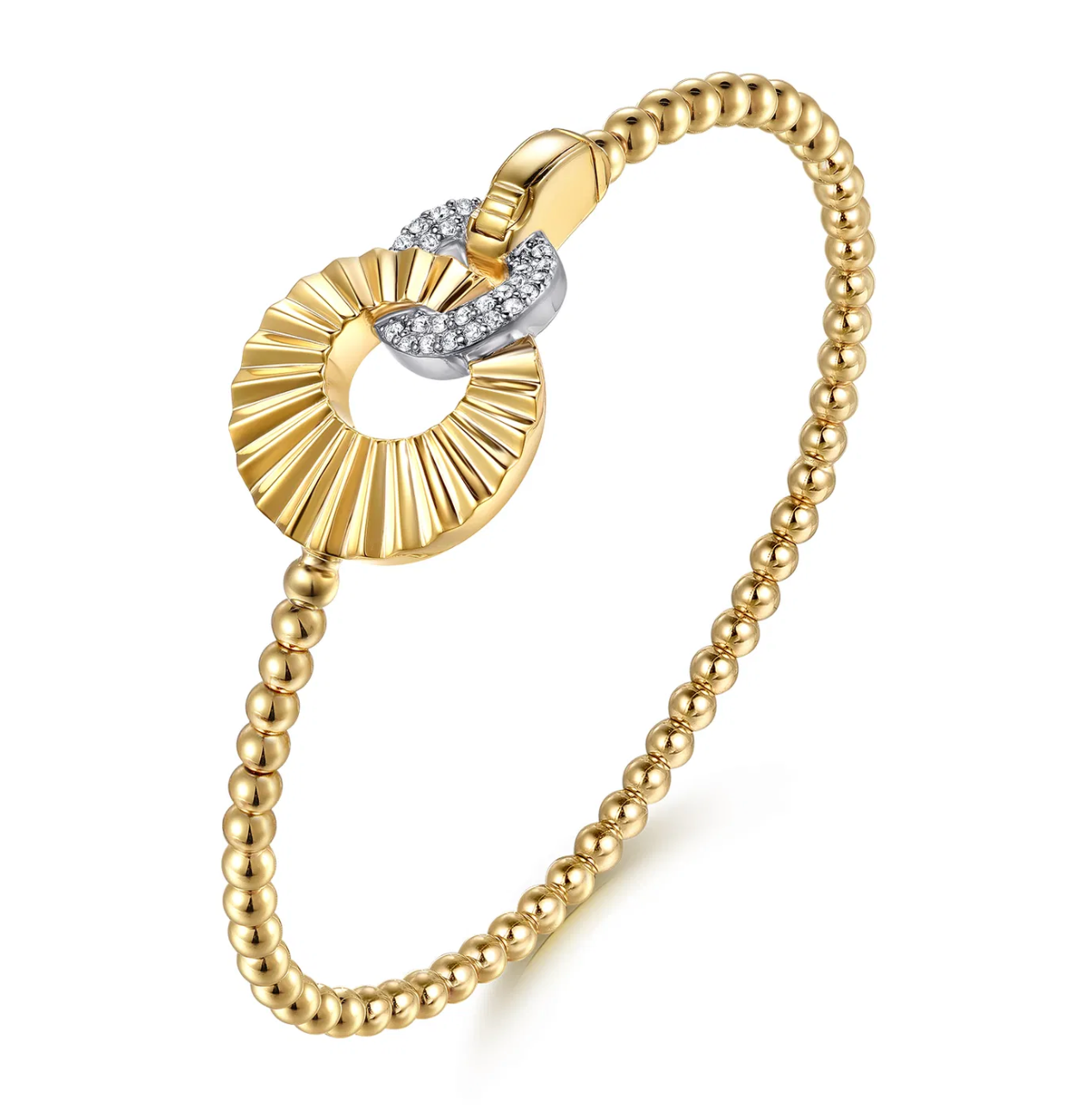 14K White Yellow Gold Diamond and Diamond Cut Double Round Disk Bangle Bracelet