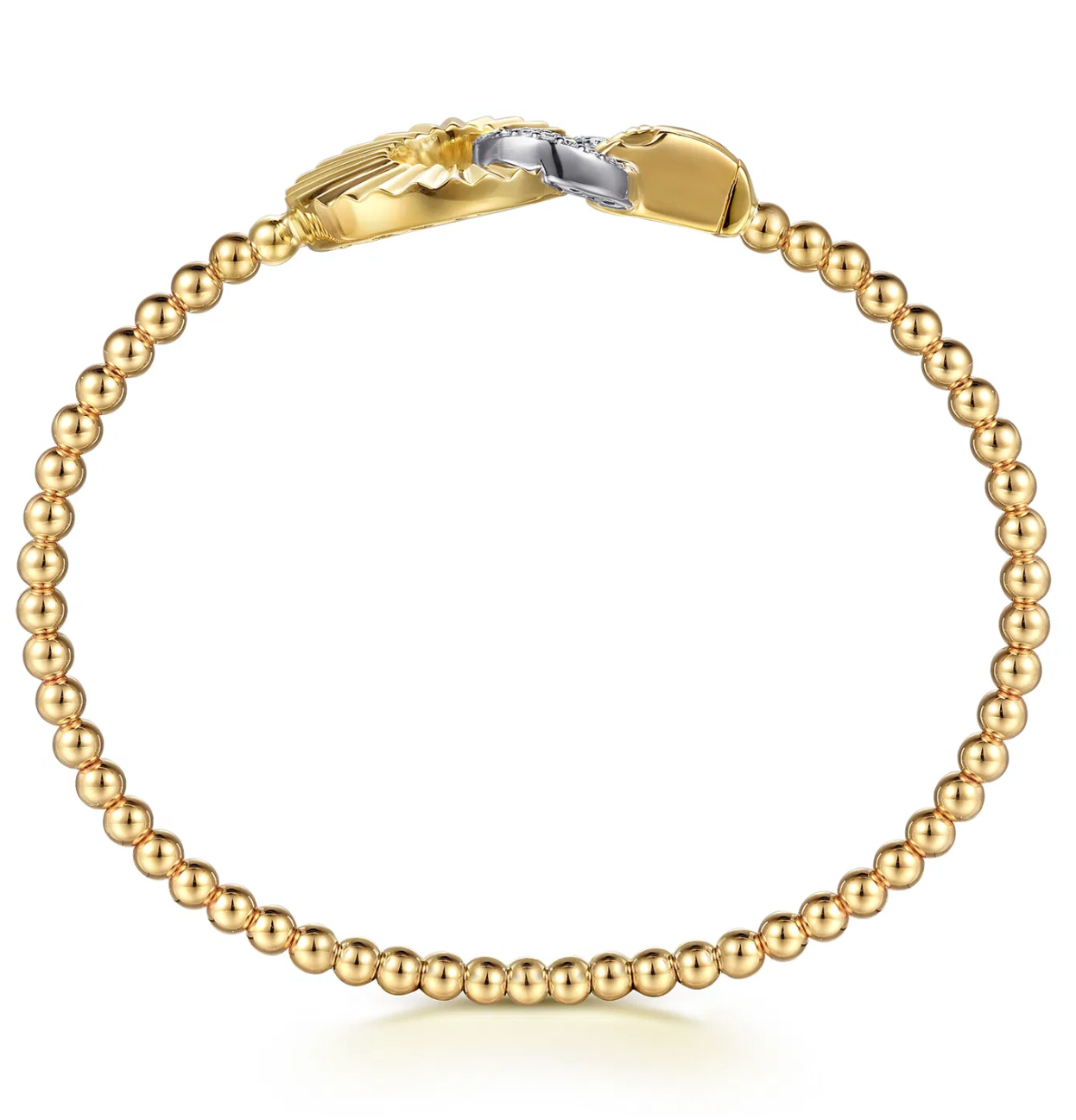 14K White Yellow Gold Diamond and Diamond Cut Double Round Disk Bangle Bracelet