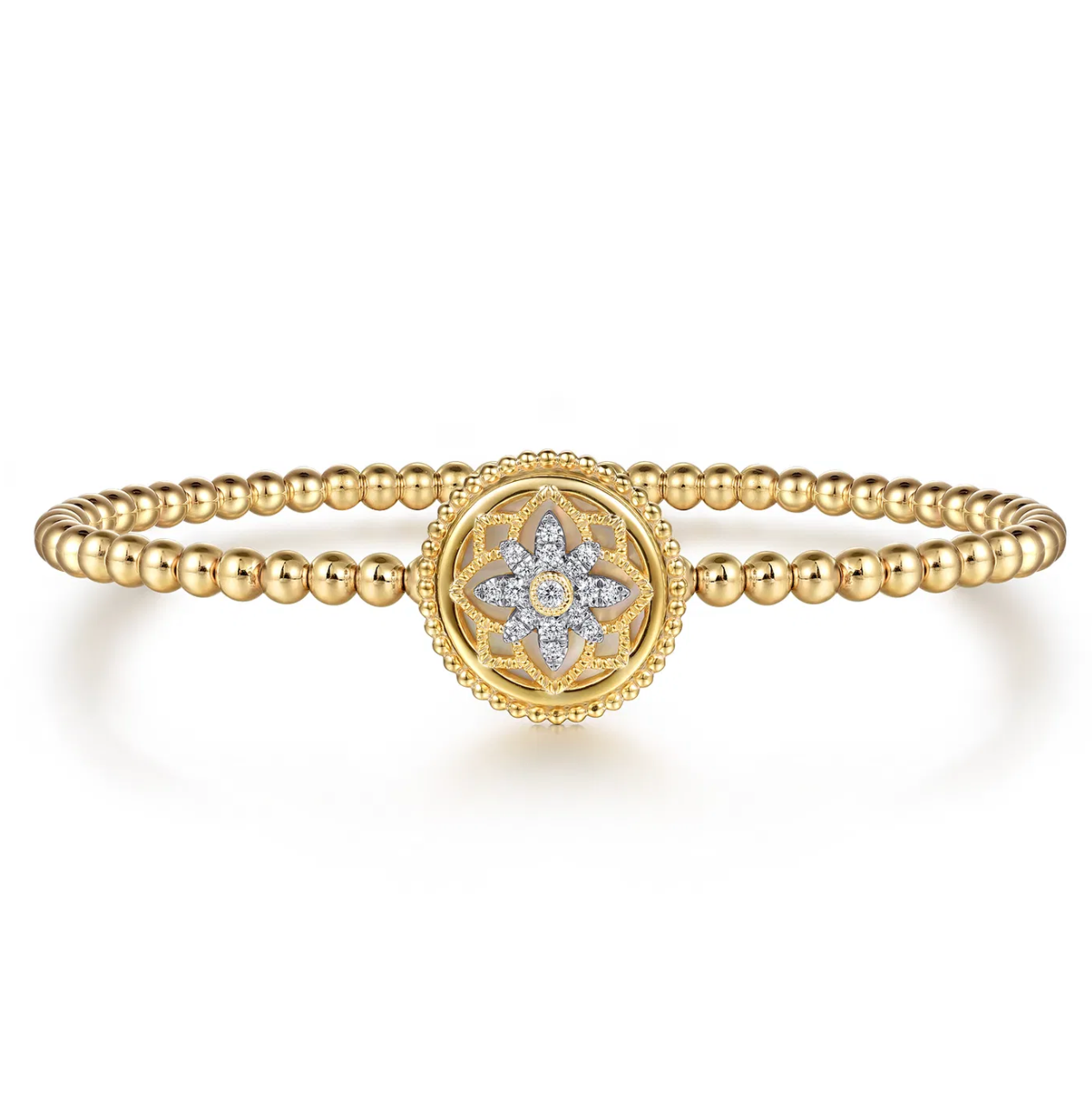 14K Yellow Gold Bujukan Diamond and White Mother of Pearl Medallion Split Bangle Bracelet