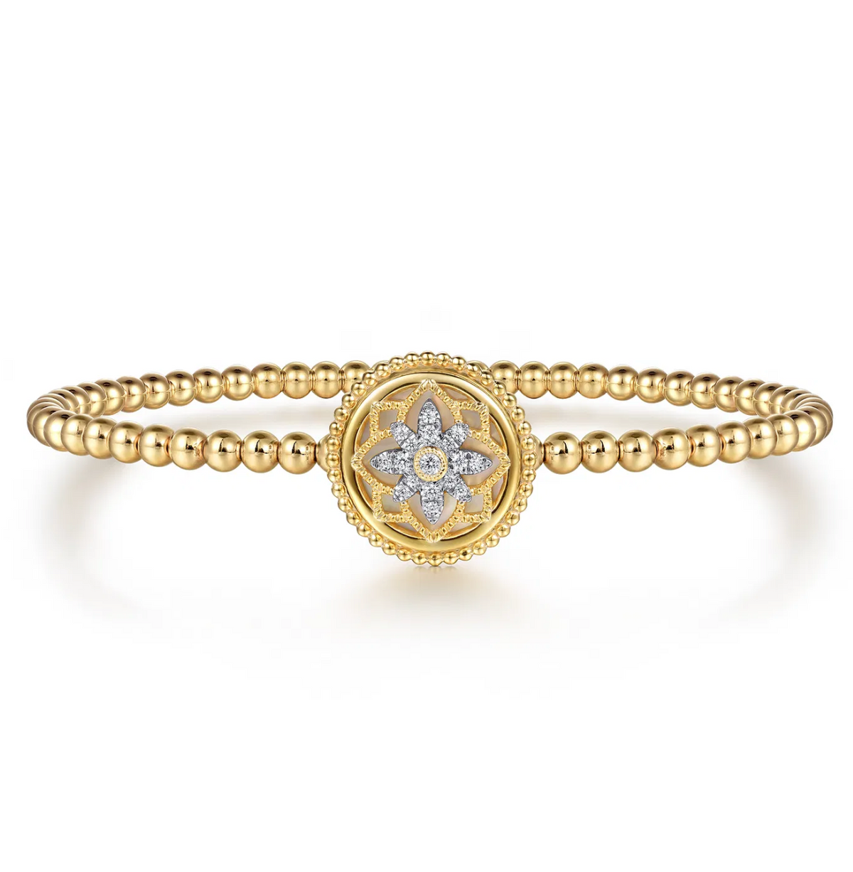 14K Yellow Gold Bujukan Diamond and White Mother of Pearl Medallion Split Bangle Bracelet | Gabriel & Co. | Luby 