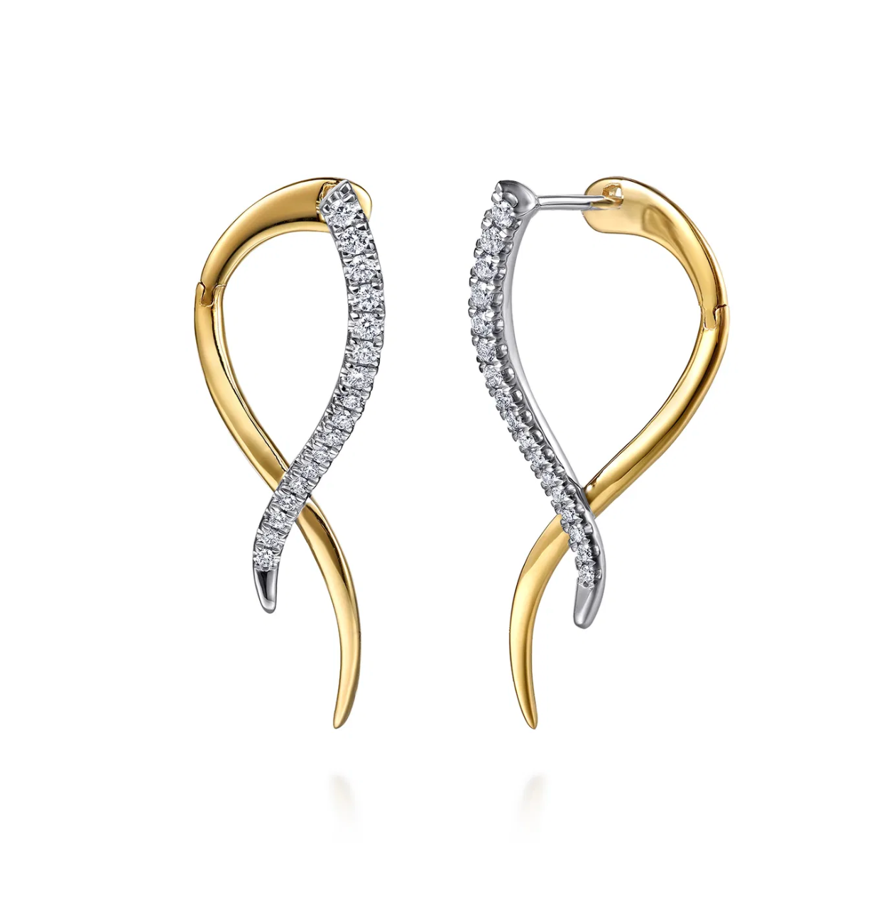 14K White Yellow Gold Diamond Spike Bypass Hoop Earrings