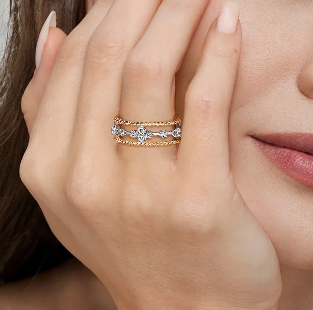 14K White and Yellow Gold Bujukan Diamond Easy Stackable Ladies Ring