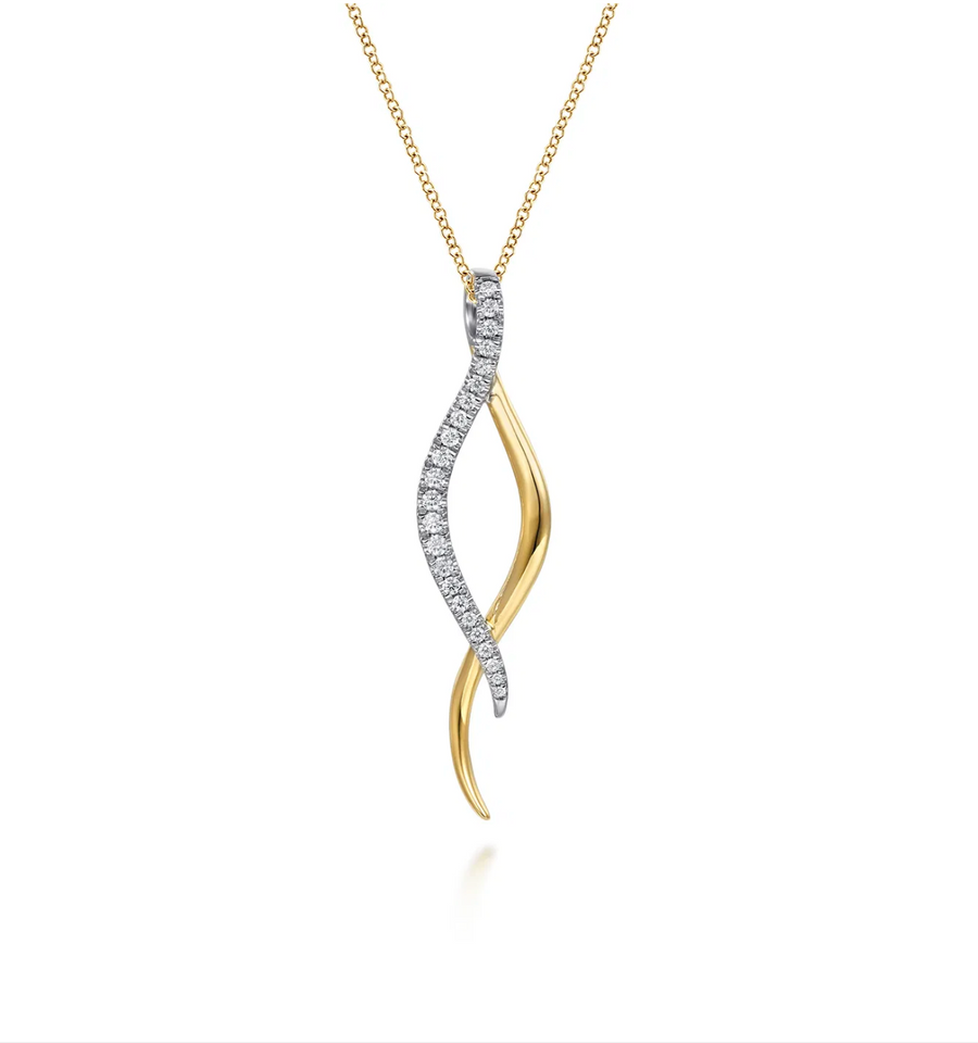 14K White Yellow Gold Diamond Twisted Spike Drop Necklace