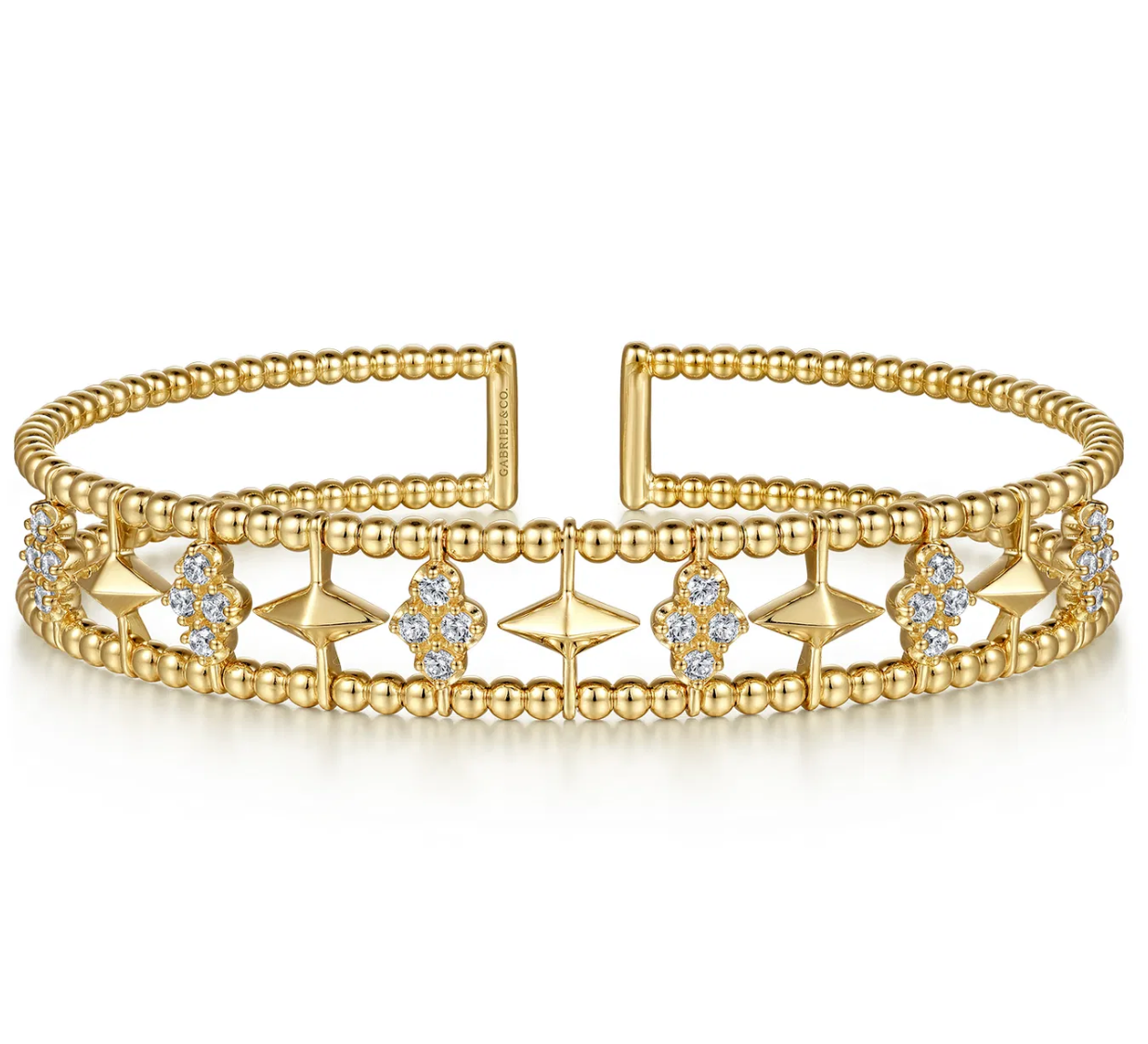 14K Yellow Gold Bujukan Diamond Cluster and Gold Pyramid Cuff Bangle