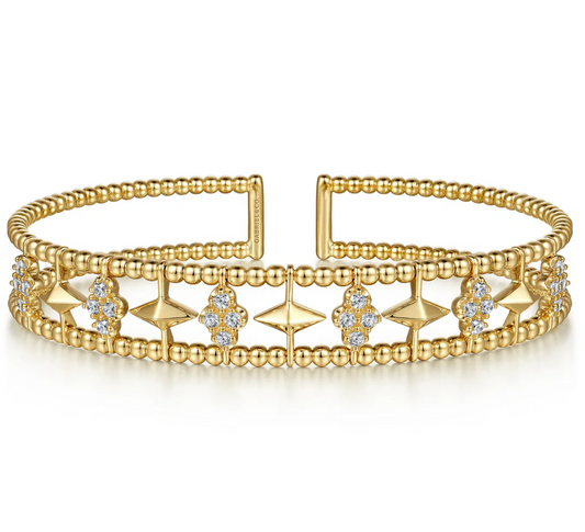 14K Yellow Gold Bujukan Diamond Cluster and Gold Pyramid Cuff Bangle