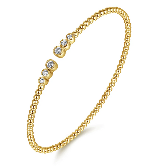 14K Yellow Gold Bujukan Bead Split Cuff Bracelet with Bezel Set Diamonds