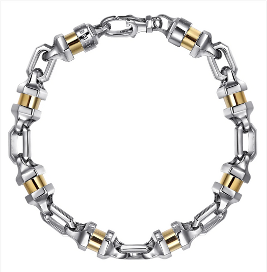 925 Sterling Silver and 14K Yellow Gold Cylinder Mens Bracelet