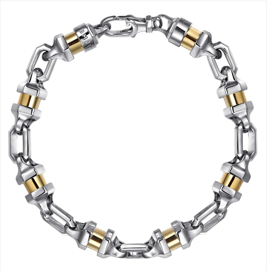 925 Sterling Silver and 14K Yellow Gold Cylinder Mens Bracelet