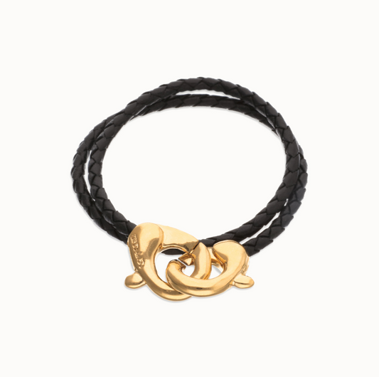 Double black leather bracelet with interlocking carabiner