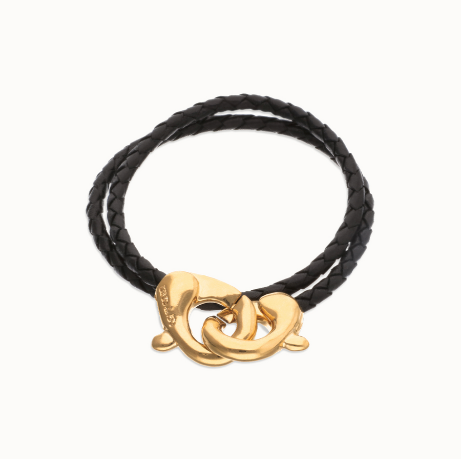 Double black leather bracelet with interlocking carabiner