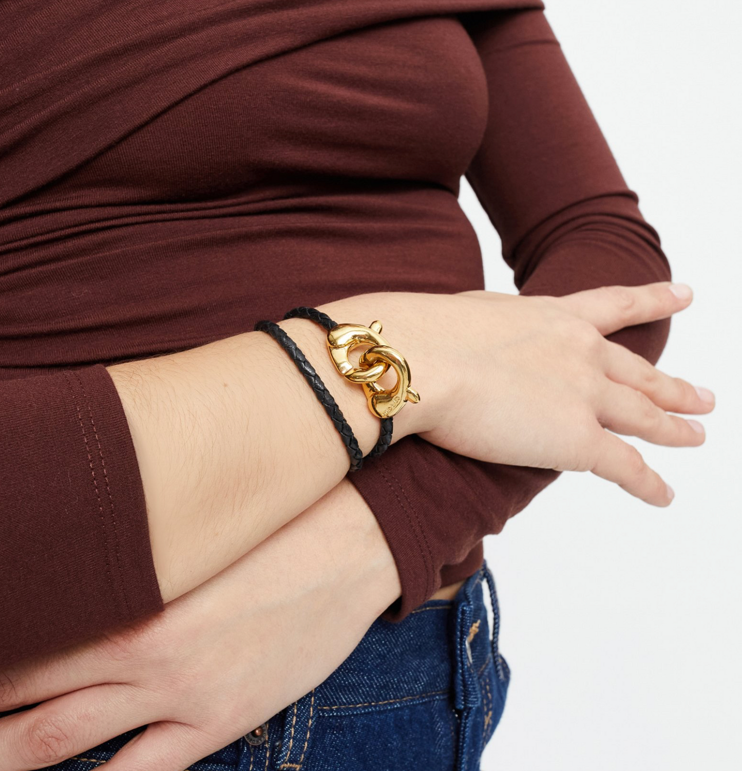 Double black leather bracelet with interlocking carabiner