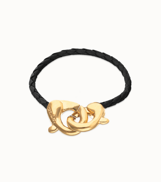 Black leather bracelet with interlocking carabiner 18K Gold Plating