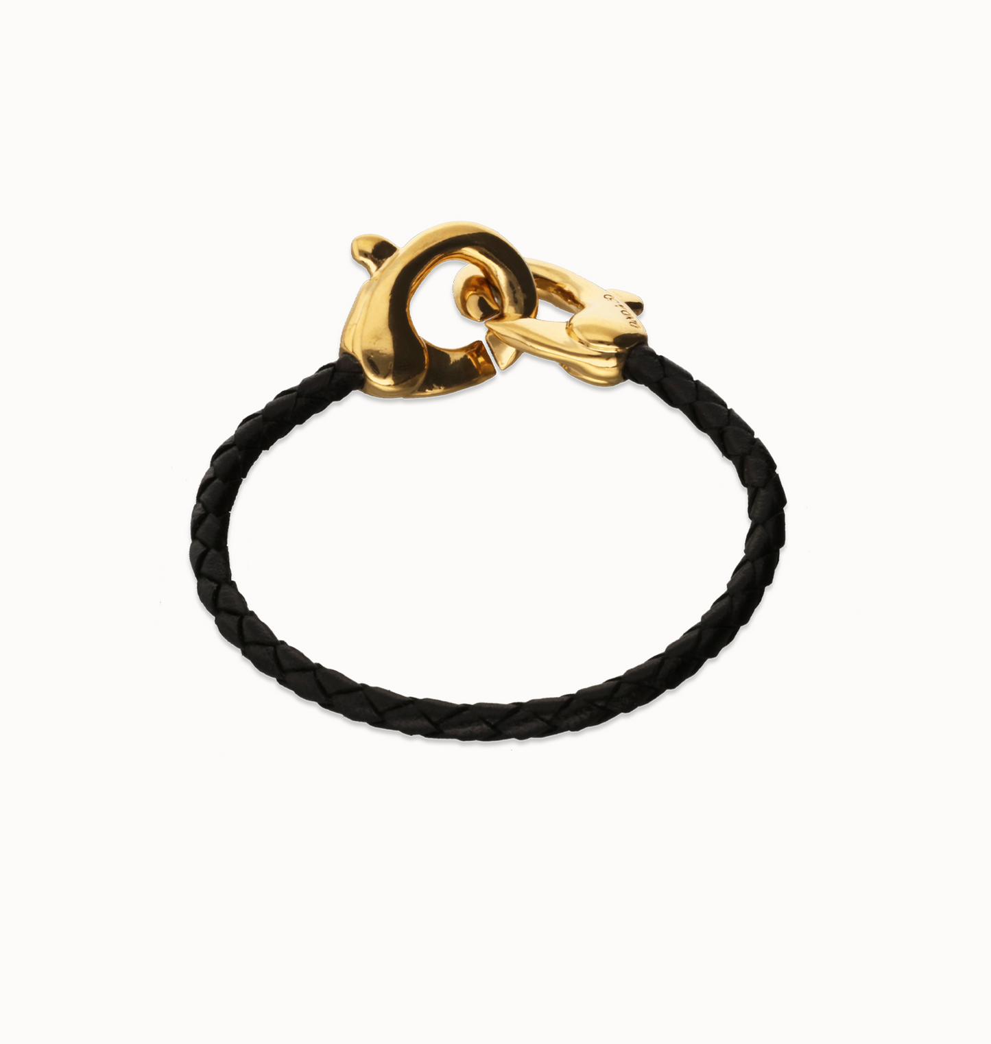 Black leather bracelet with interlocking carabiner 18K Gold Plating