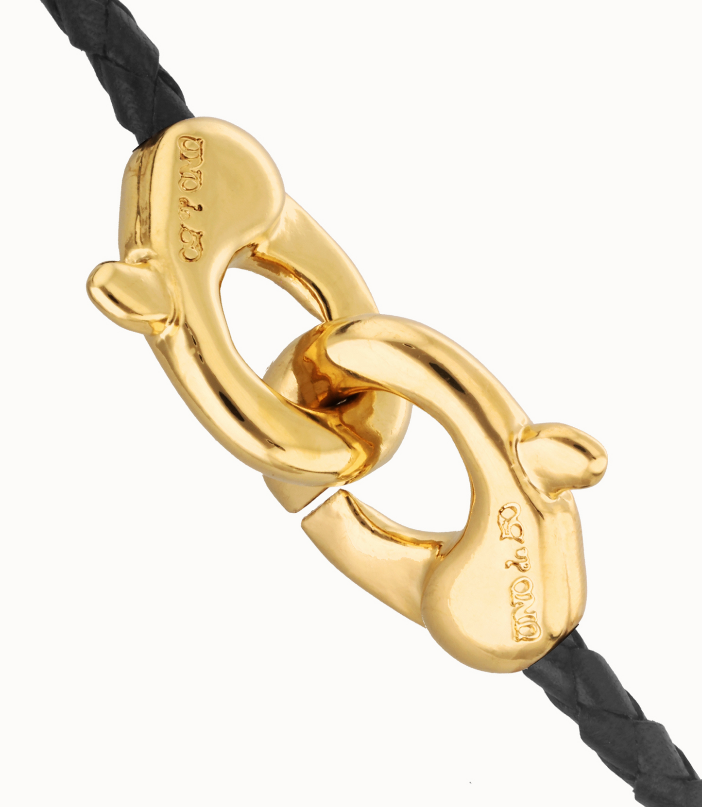 Black leather bracelet with interlocking carabiner 18K Gold Plating