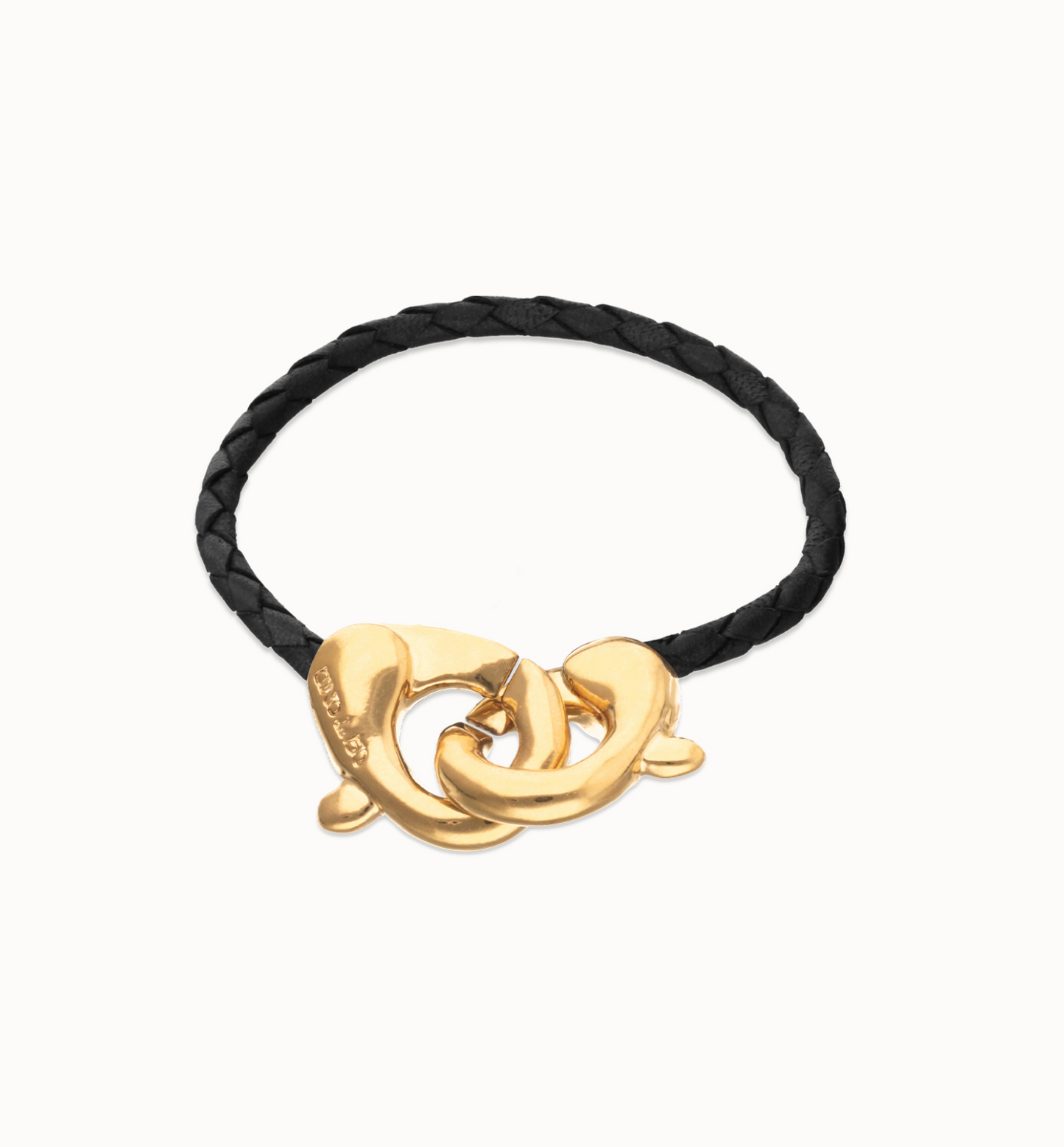 Black leather bracelet with interlocking carabiner 18K Gold Plating