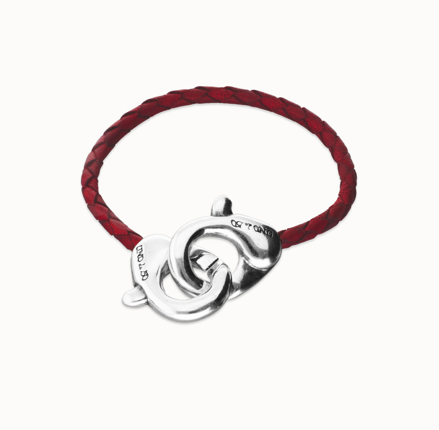 Red leather bracelet with interlocking carabiner