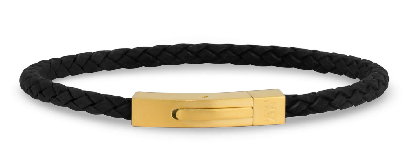 4MM Black Leather Gold Clasp Bracelet 8" | ARZ Steel | Luby 