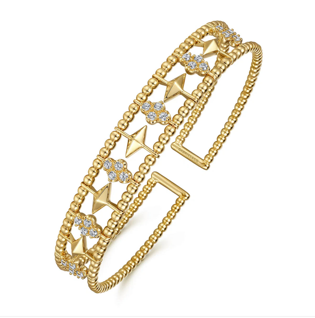 14K Yellow Gold Bujukan Diamond Cluster and Gold Pyramid Cuff Bangle | Gabriel & Co. | Luby 