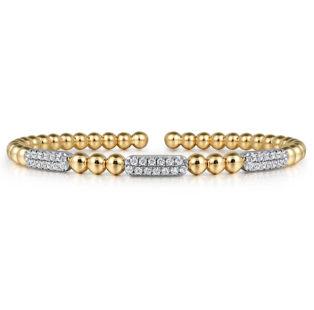 14K White and Yellow Gold Diamond Pave Three Station Bar Bujukan Beads Split Bangle Bracelet